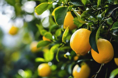 Fresh Yellow Lemons Growing On A Lush Citrus Tree