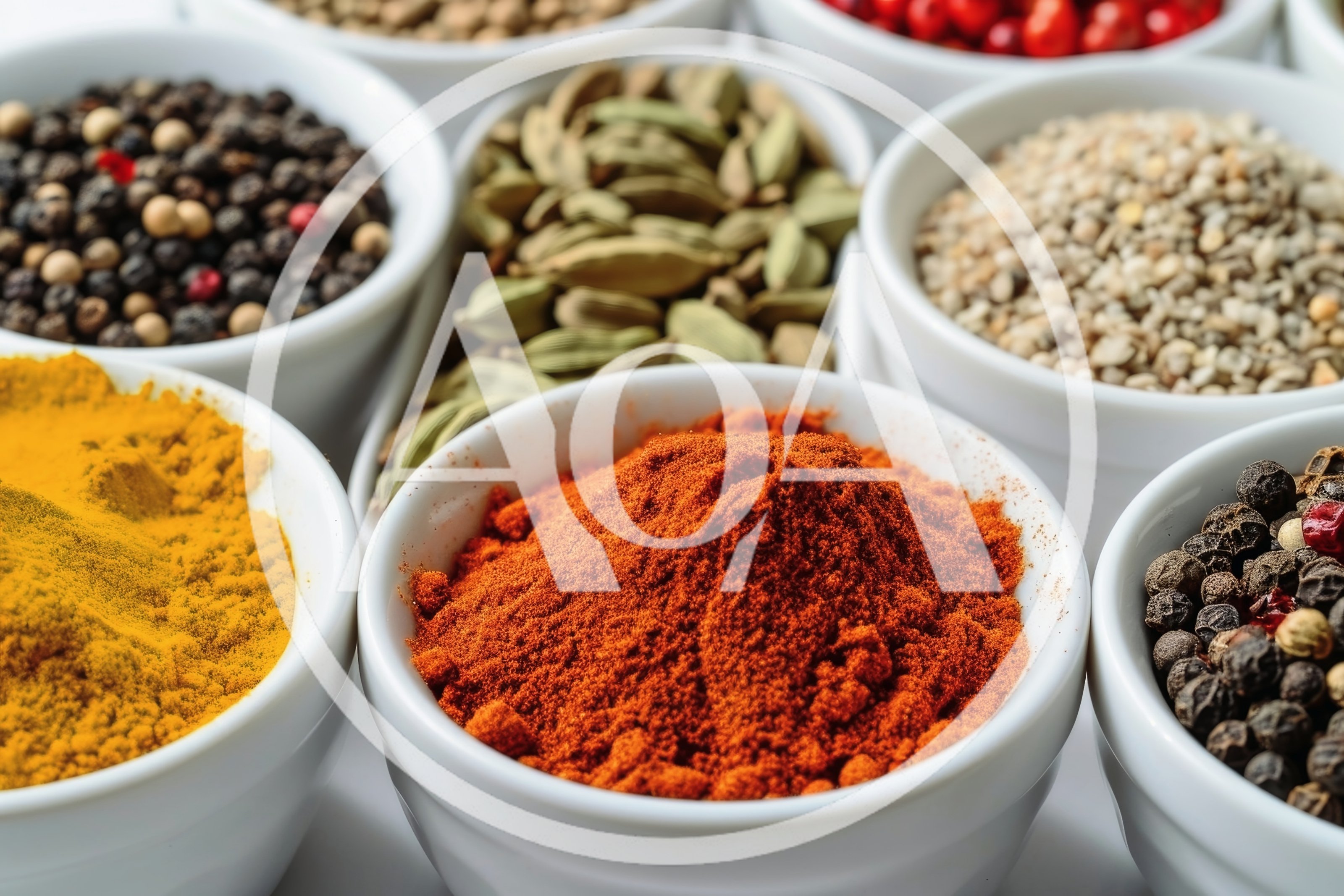 Assorted Spices in Small White Bowls