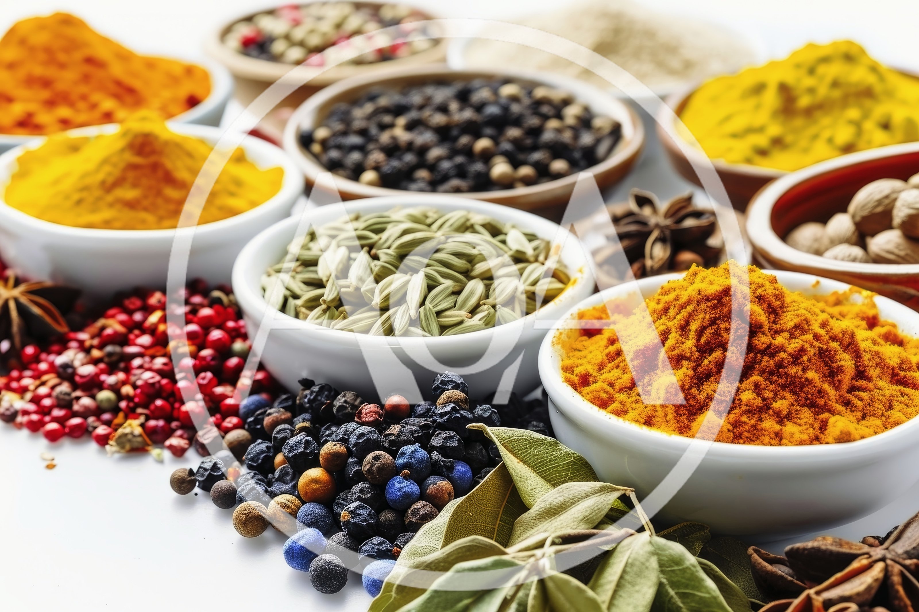 Assorted Colorful Spices and Herbs in Bowls