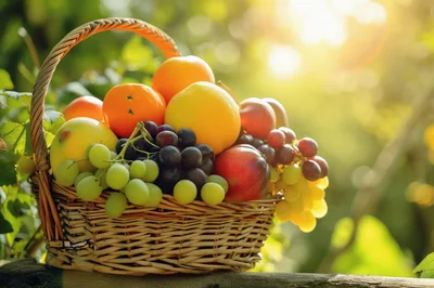 Wicker Basket Filled With Fresh Assorted Fruits