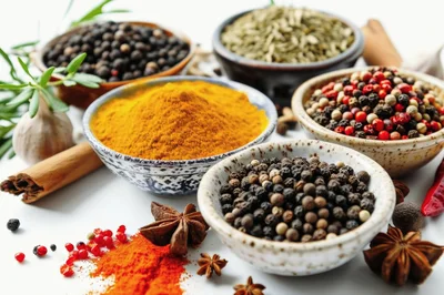 Assorted Spices and Herbs in Ceramic Bowls