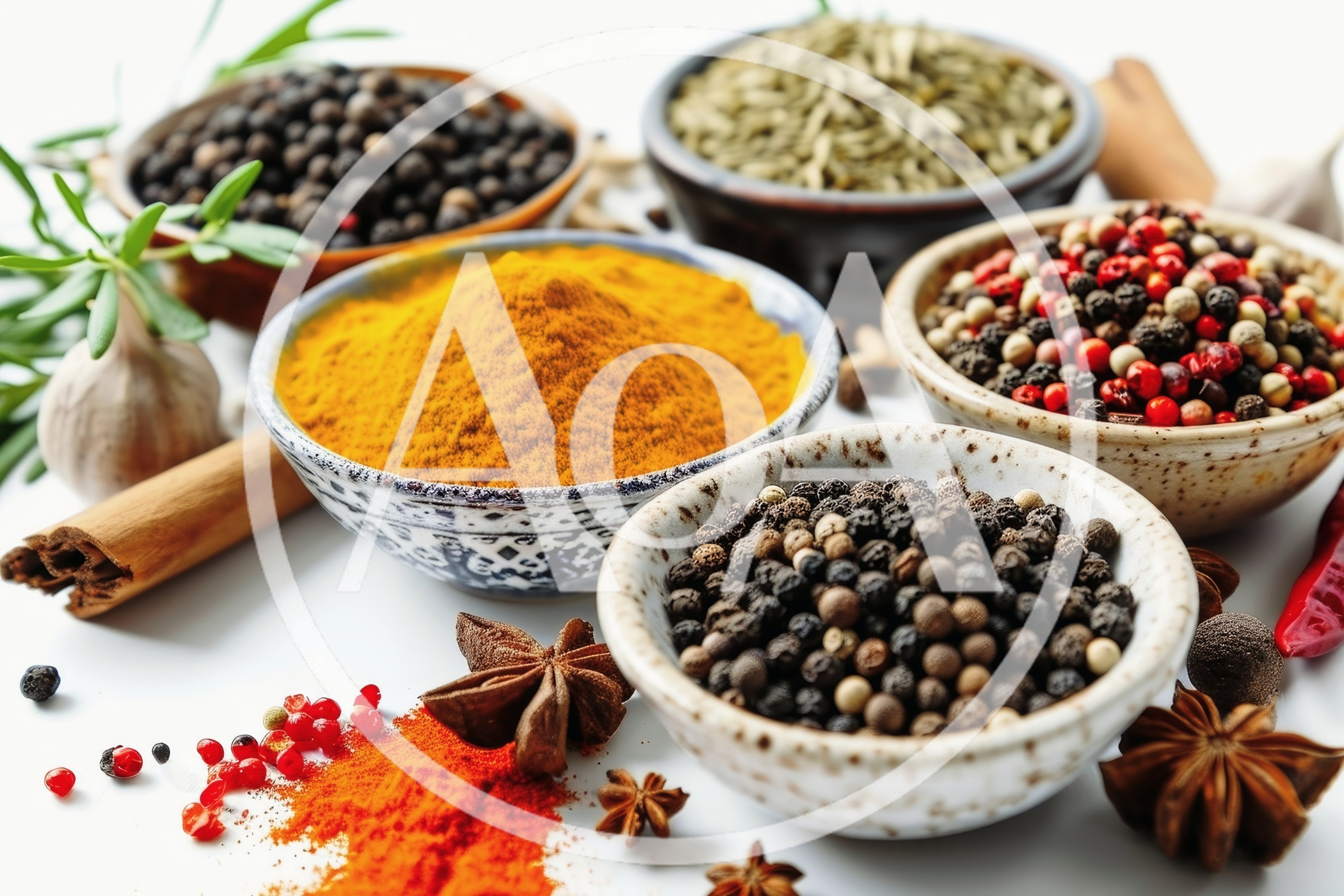 Assorted Spices and Herbs in Ceramic Bowls