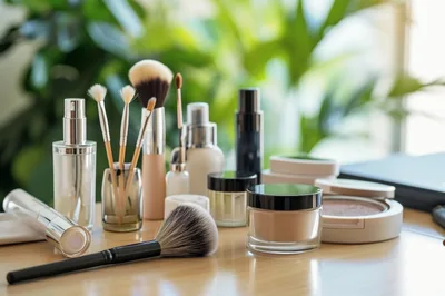 Professional Makeup Brushes And Cosmetic Products On Table