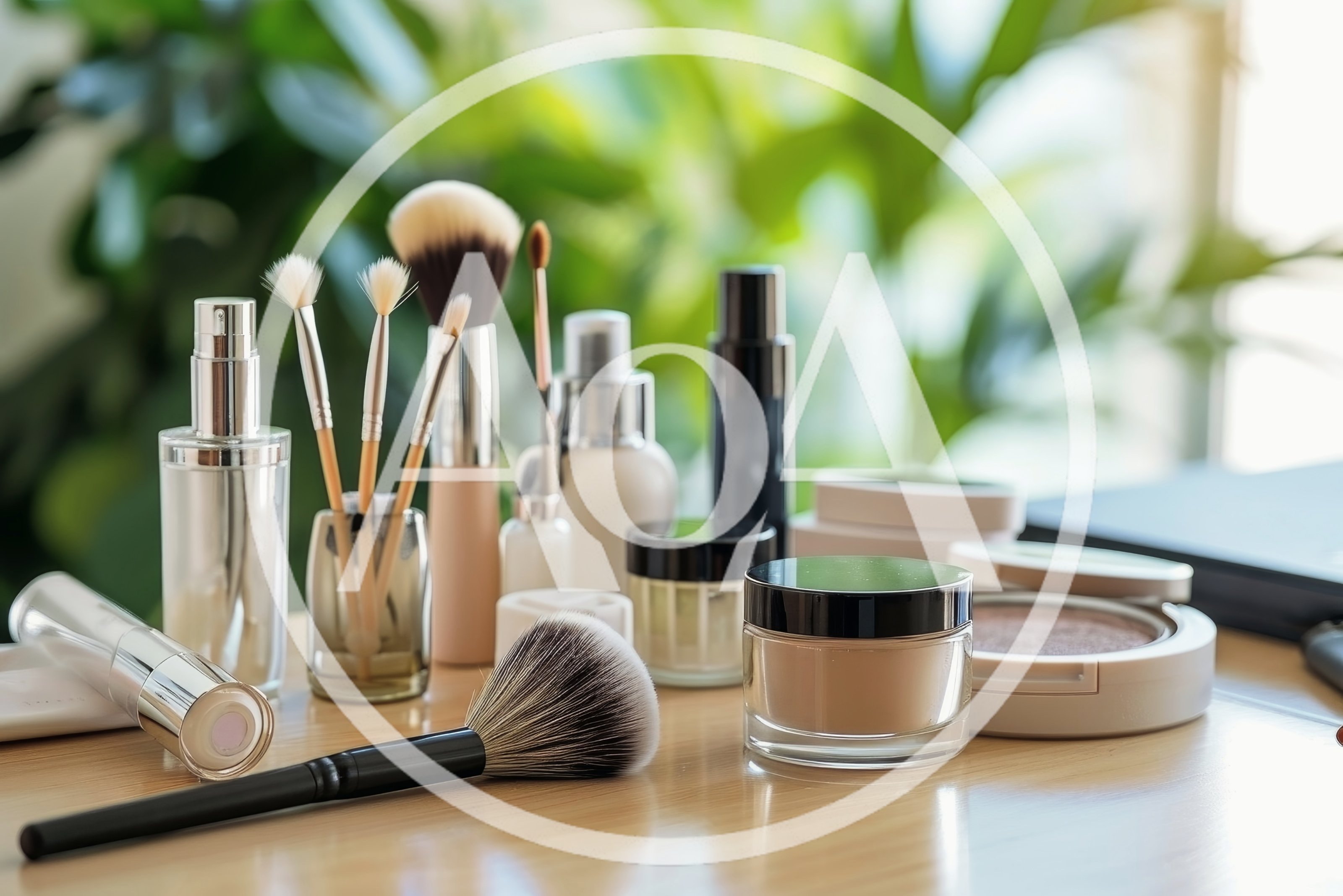 Professional Makeup Brushes And Cosmetic Products On Table