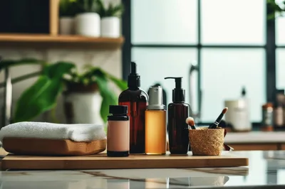 Skincare Products And Makeup Brushes On Wooden Tray