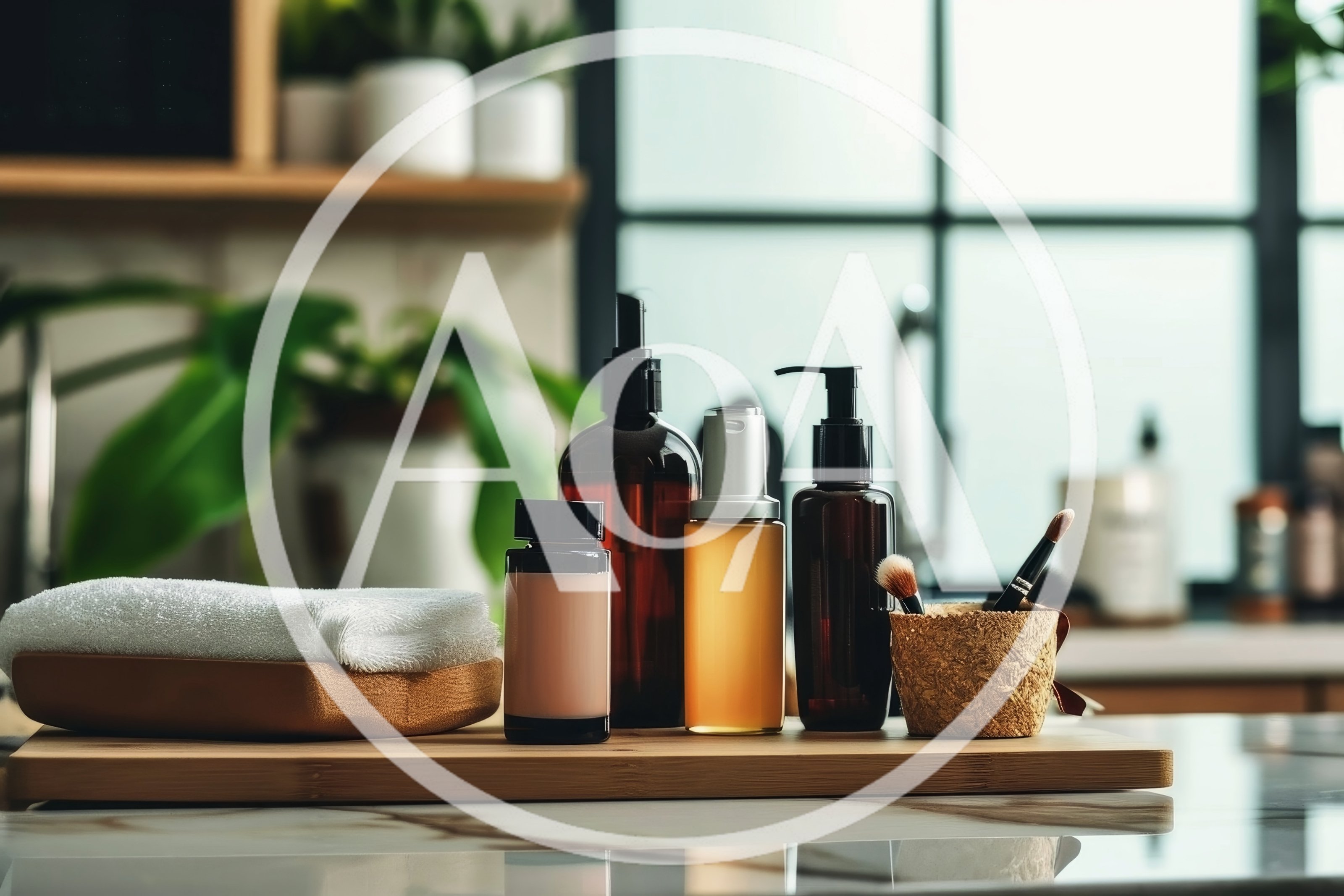 Skincare Products And Makeup Brushes On Wooden Tray