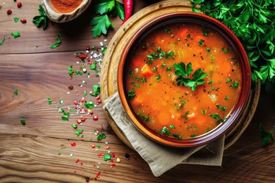Bowl Of Vegetable Soup On Wooden Table