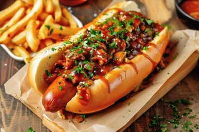 Gourmet Hot Dog With Toppings And French Fries