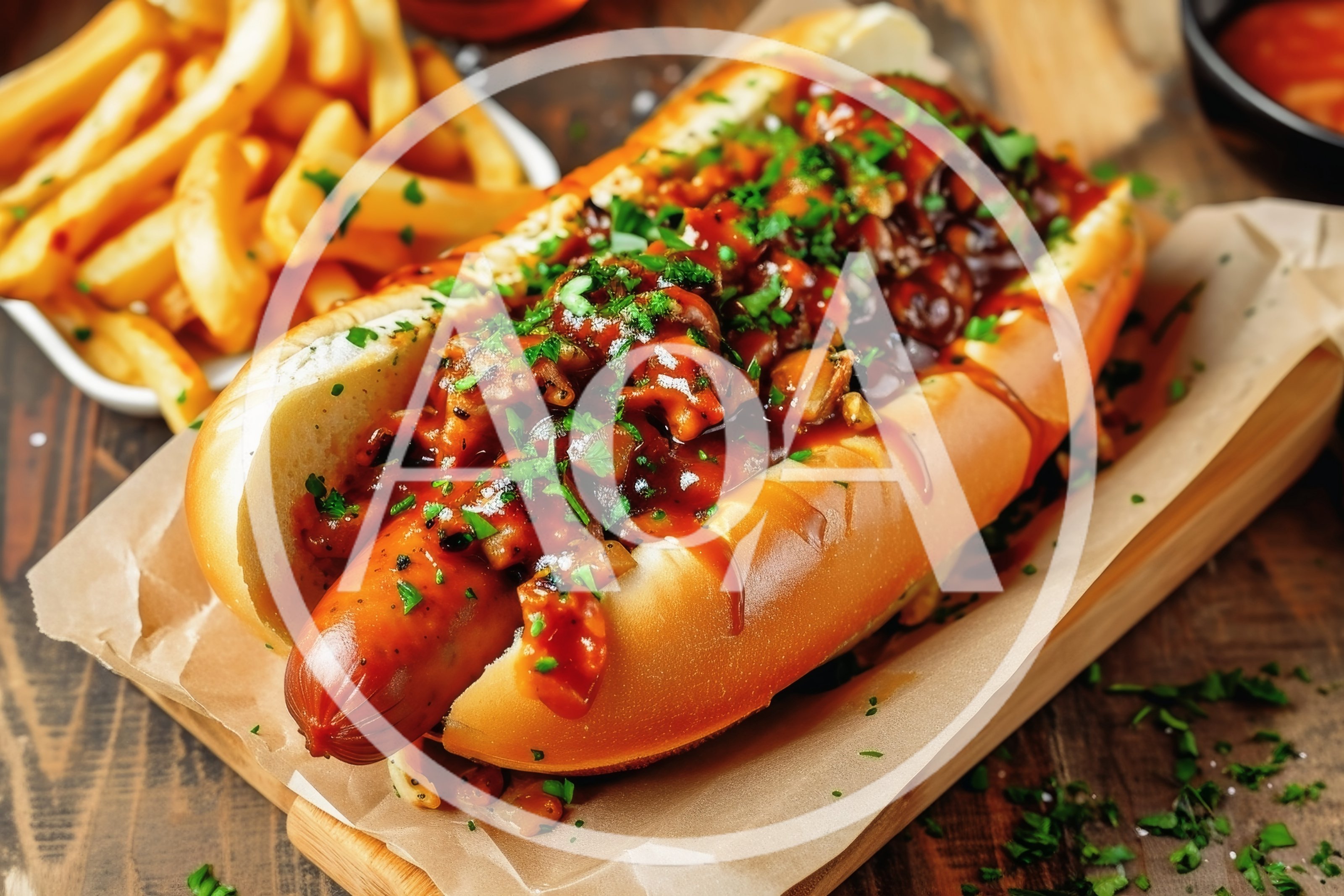 Gourmet Hot Dog With Toppings And French Fries