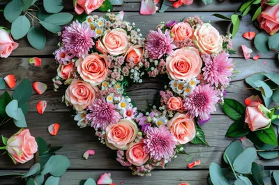 Heart Shaped Floral Wreath On Rustic Wooden Background