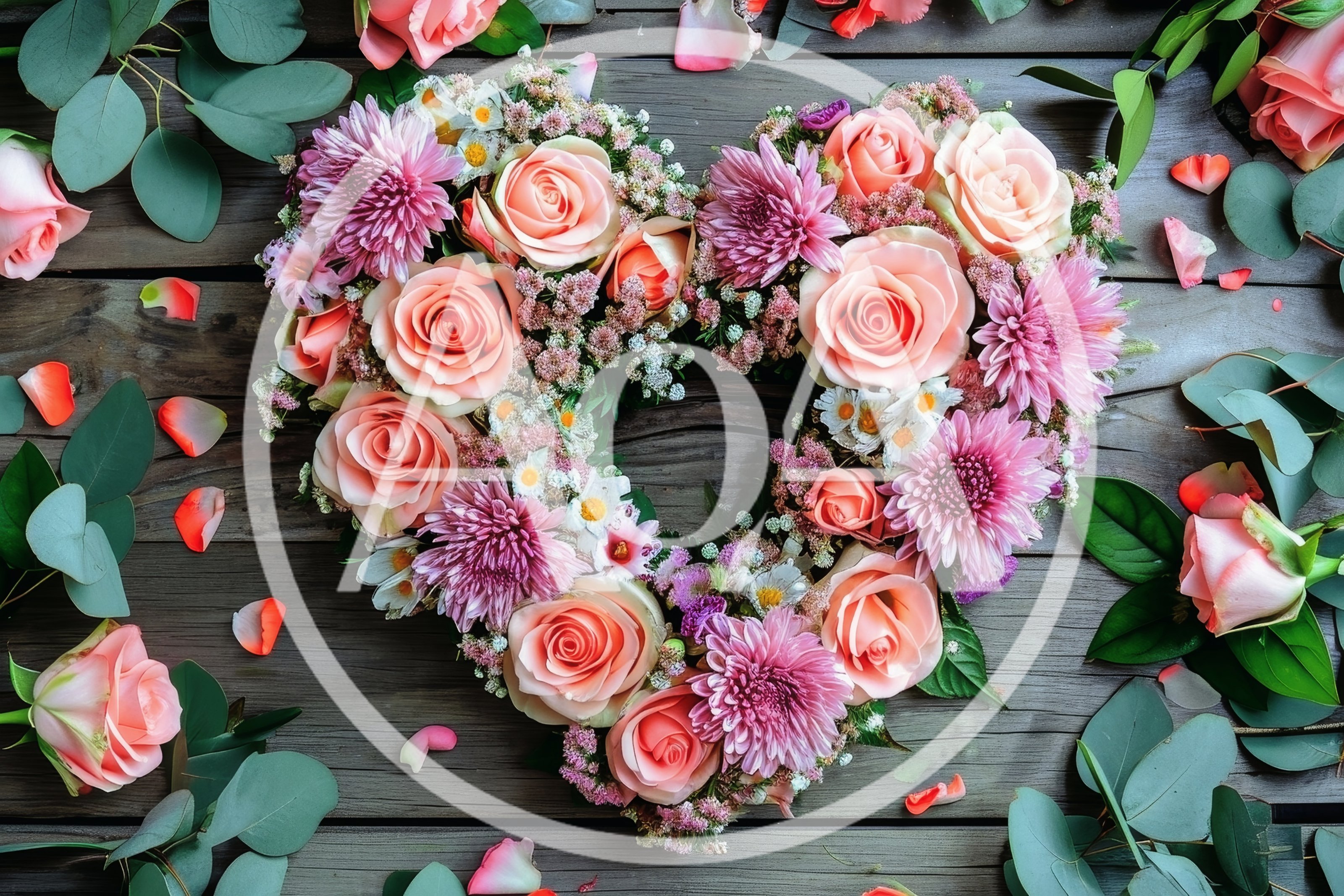 Heart Shaped Floral Wreath On Rustic Wooden Background