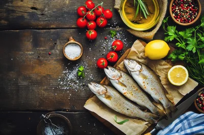 Fresh Raw Trout Prepared For Cooking On Wooden Table