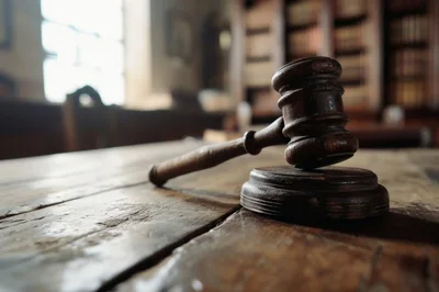 Wooden Judge Gavel Resting On A Courtroom Table