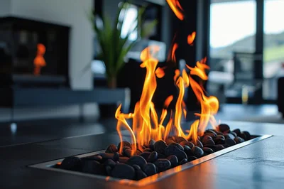 Modern Indoor Fireplace With Burning Decorative Stones