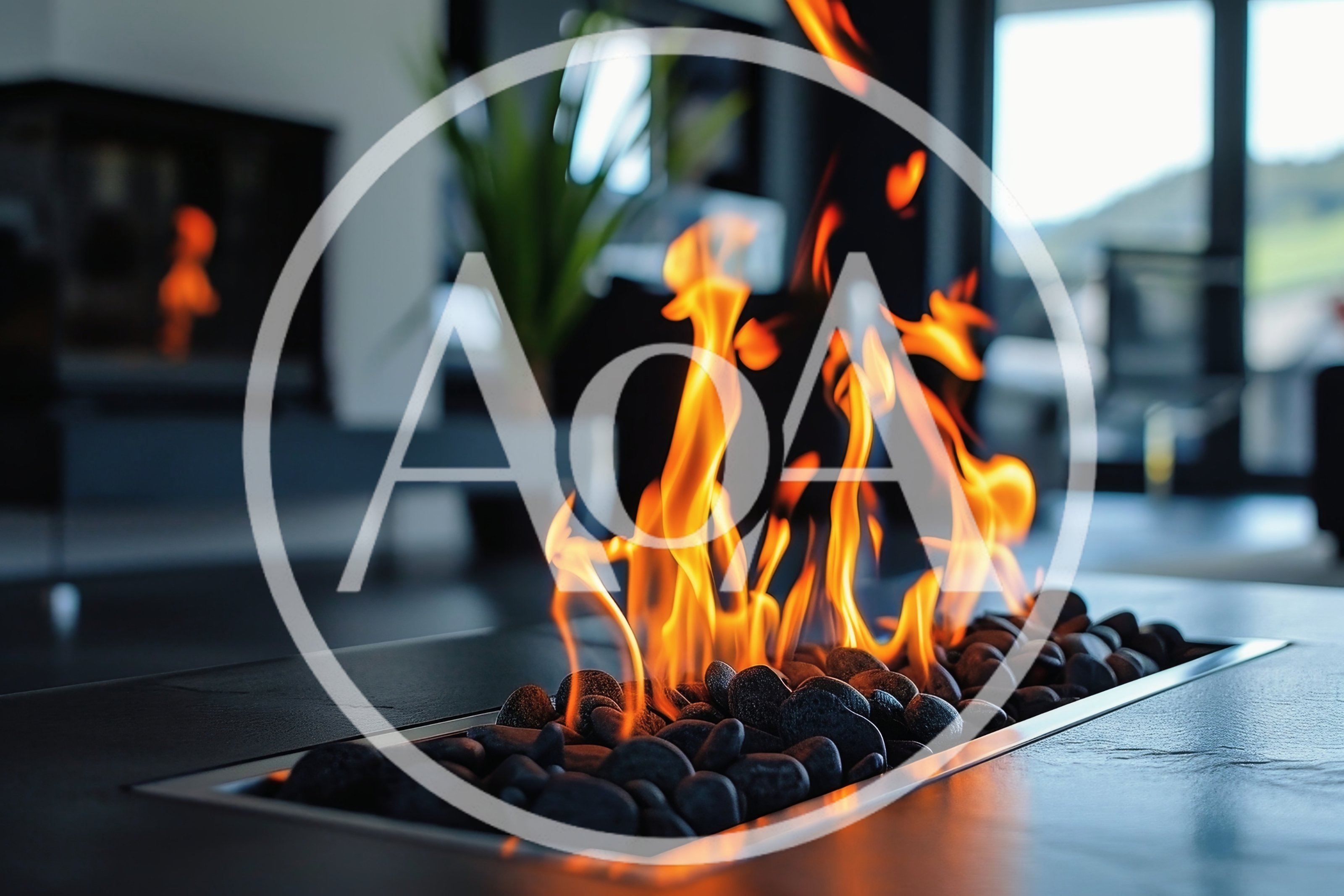 Modern Indoor Fireplace With Burning Decorative Stones