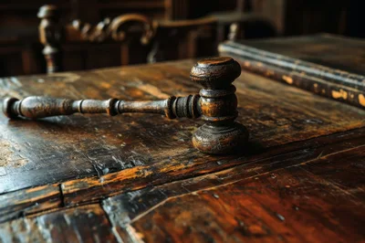 Wooden Judge Gavel Resting On An Antique Desk