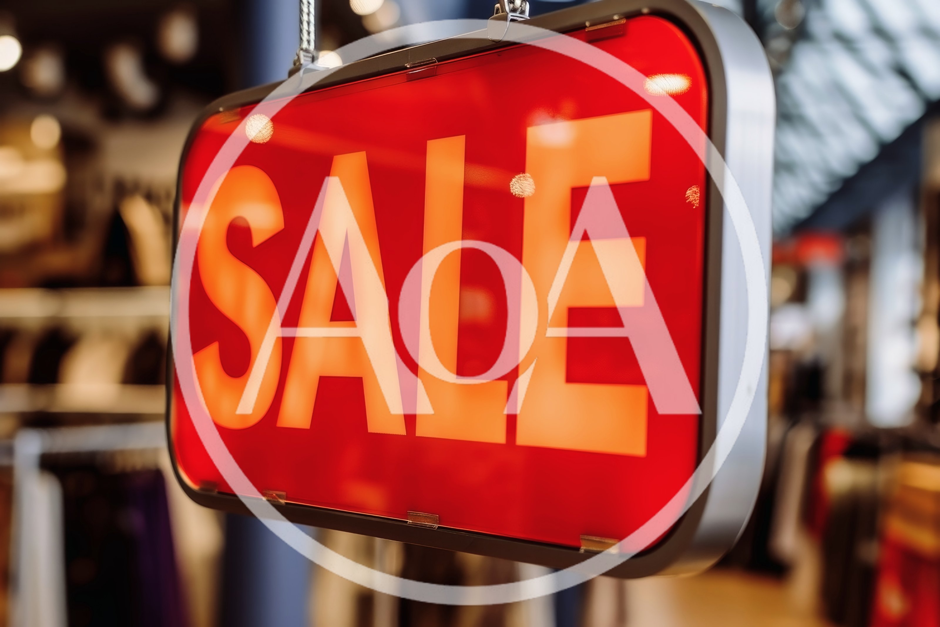 Illuminated Red Sale Sign Hanging In Clothing Store