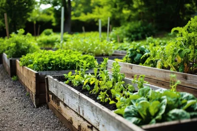 Raised Garden Beds With Fresh Green Vegetables