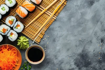 Top View Of Sushi Rolls With Soy Sauce And Wasabi