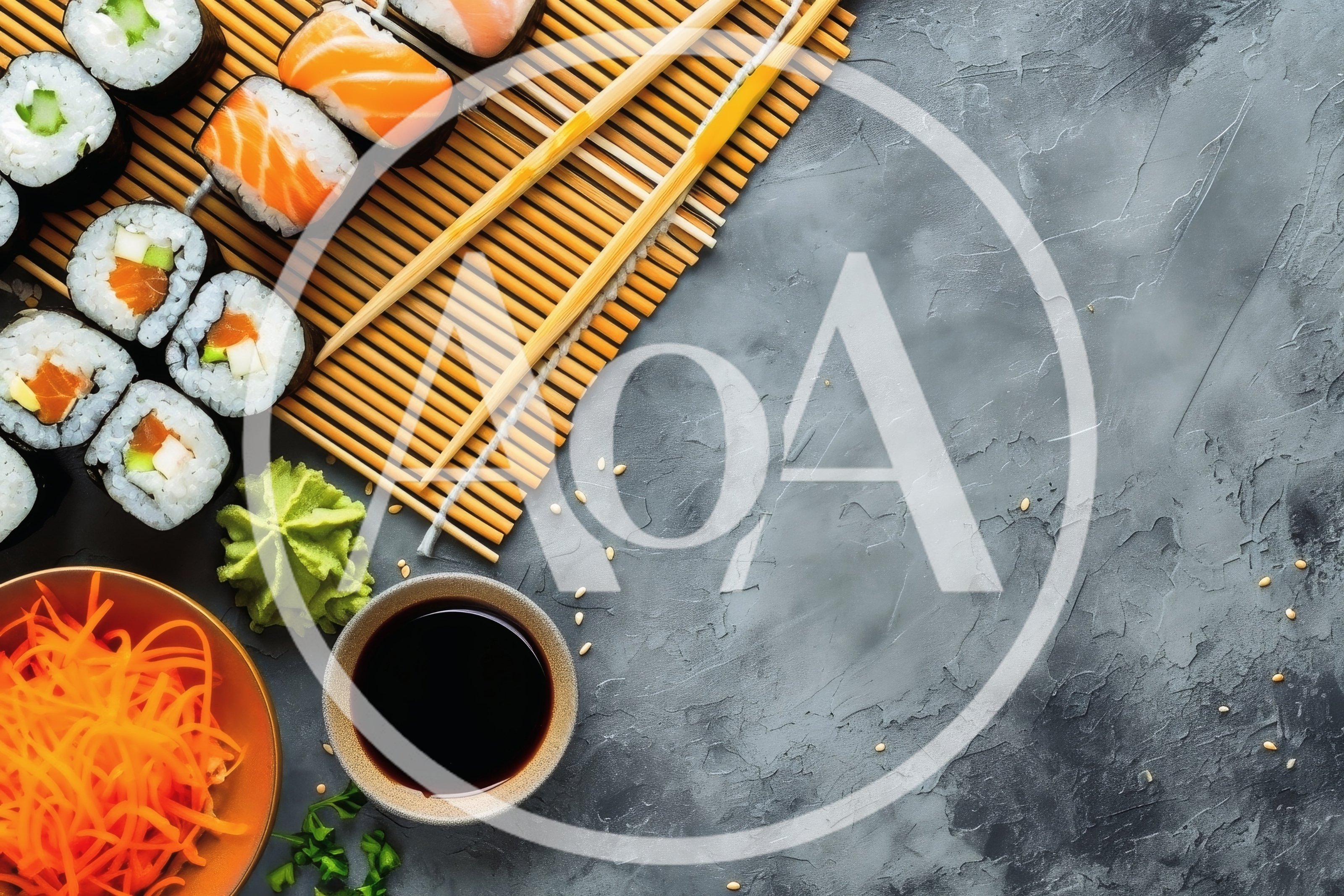 Top View Of Sushi Rolls With Soy Sauce And Wasabi