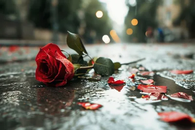 Single Red Rose Lying On Wet City Street