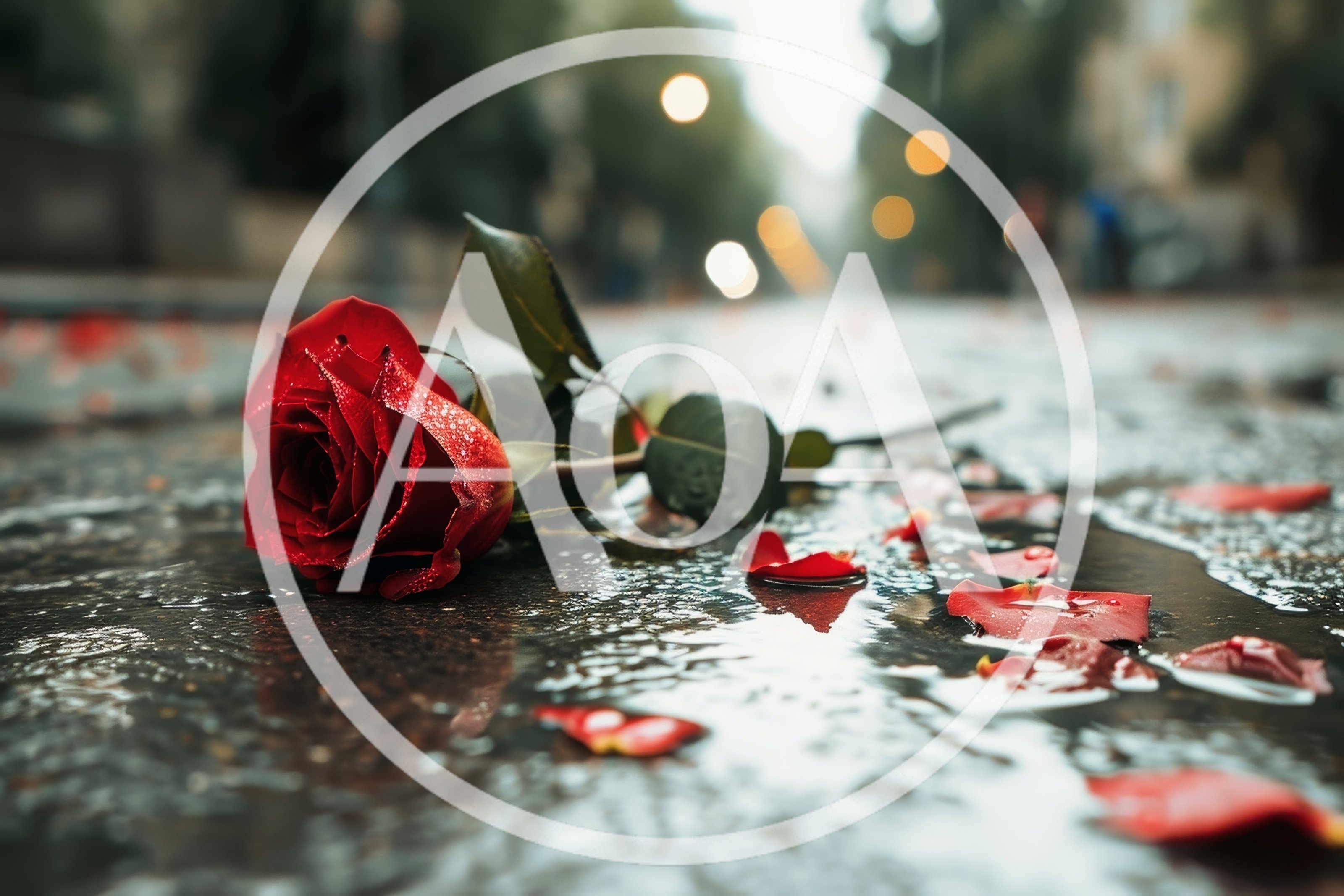 Single Red Rose Lying On Wet City Street