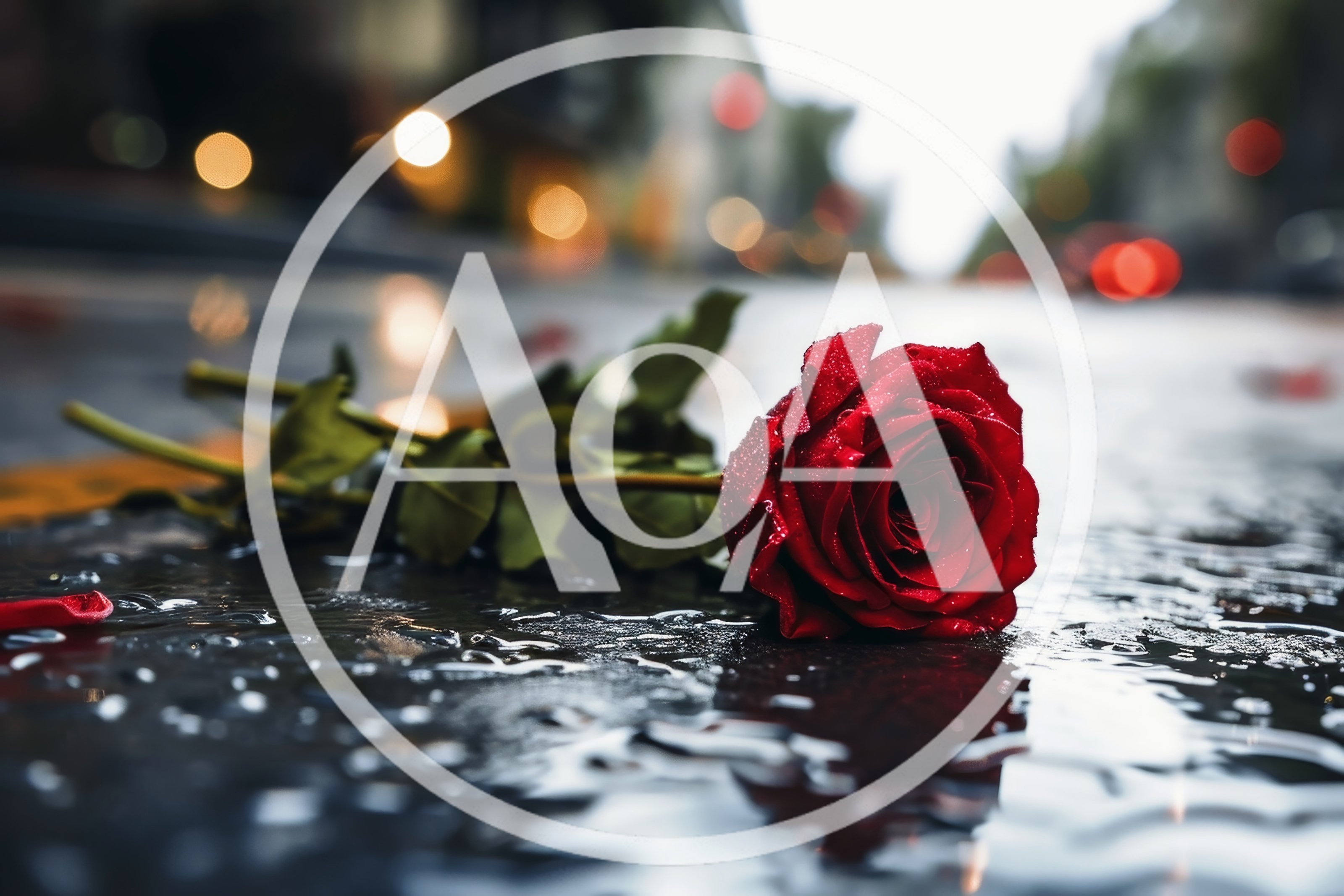 Single Red Rose Lying on Wet City Street