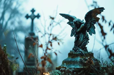 Weathered Angel Statue in a Misty Graveyard
