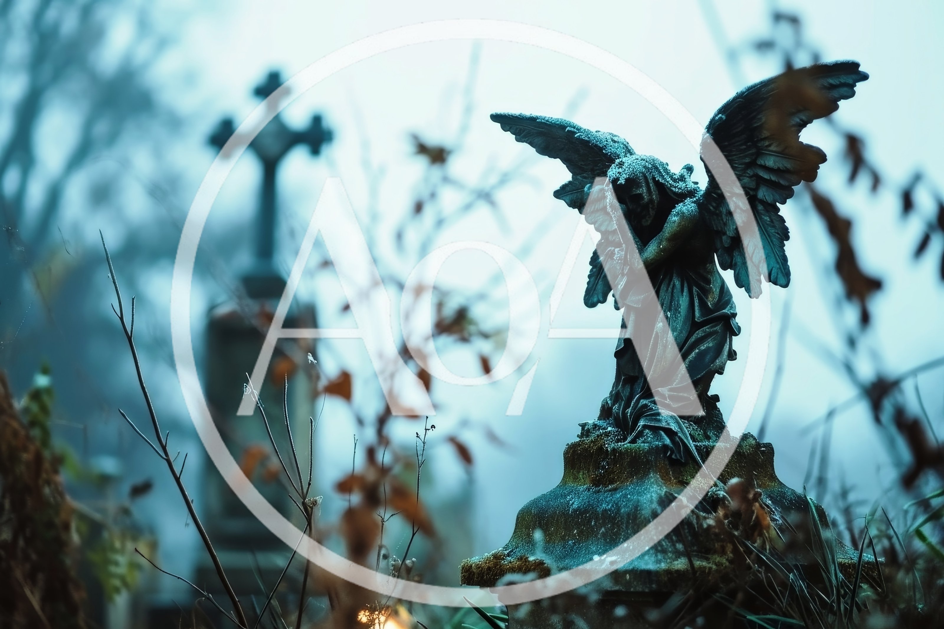 Weathered Angel Statue in a Misty Graveyard