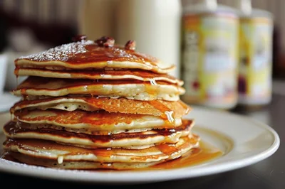 Stack Of Golden Brown Pancakes With Syrup