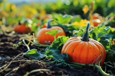 Orange Pumpkins Growing In A Sunny Field