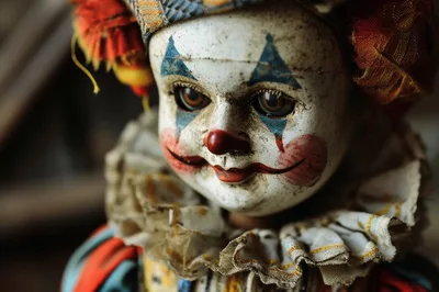Close Up Of A Vintage Creepy Clown Doll