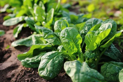 Fresh Green Spinach Growing In Garden Soil