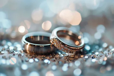 Two Wedding Rings Resting On A Sparkling Surface