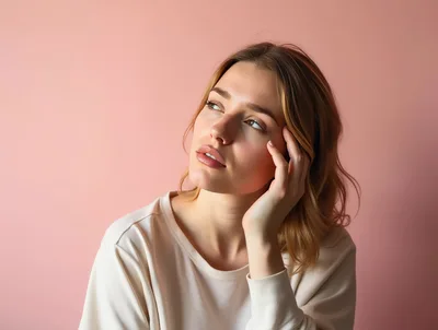 Thoughtful Young Woman Looking Up Against Pink Background