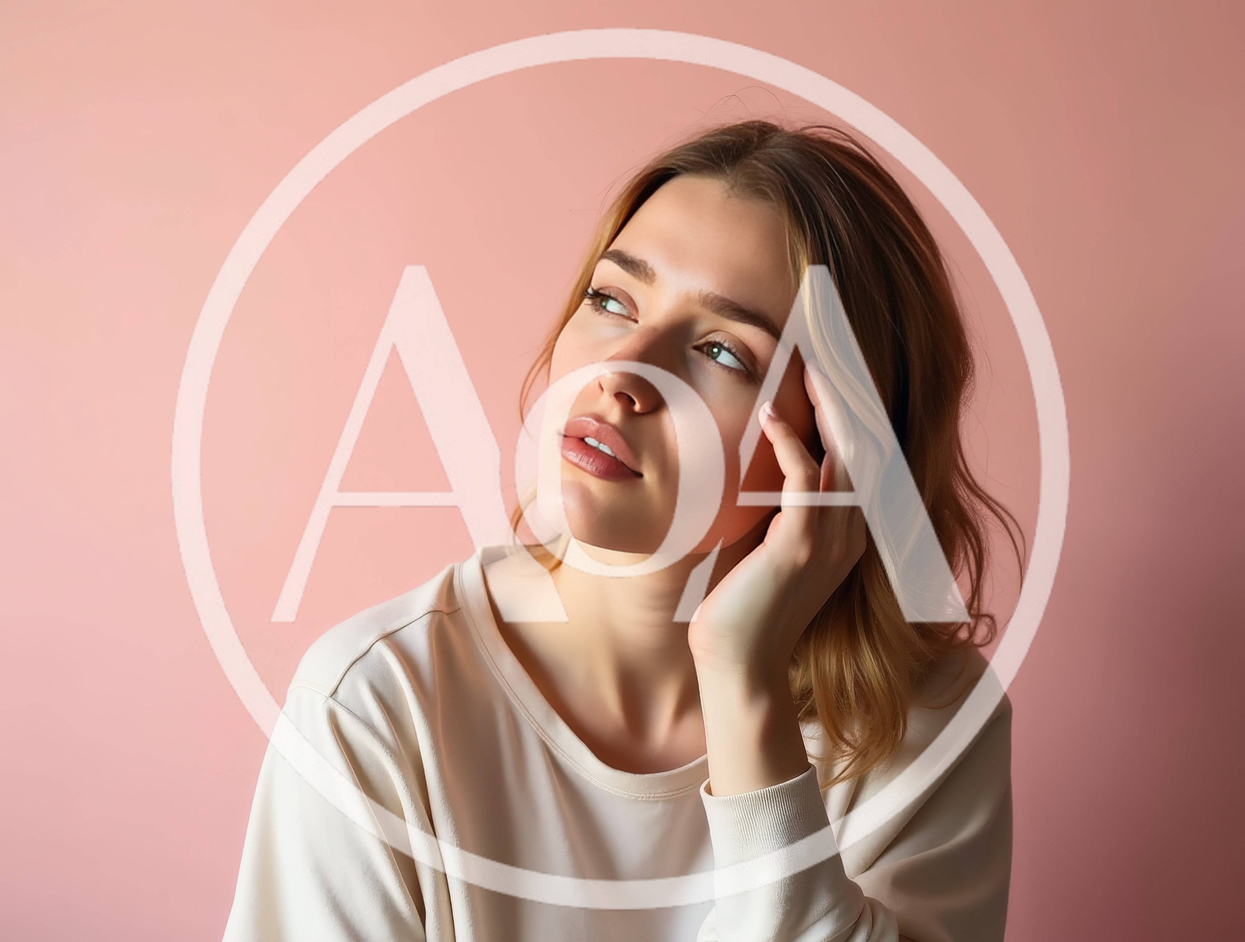 Thoughtful Young Woman Looking Up Against Pink Background