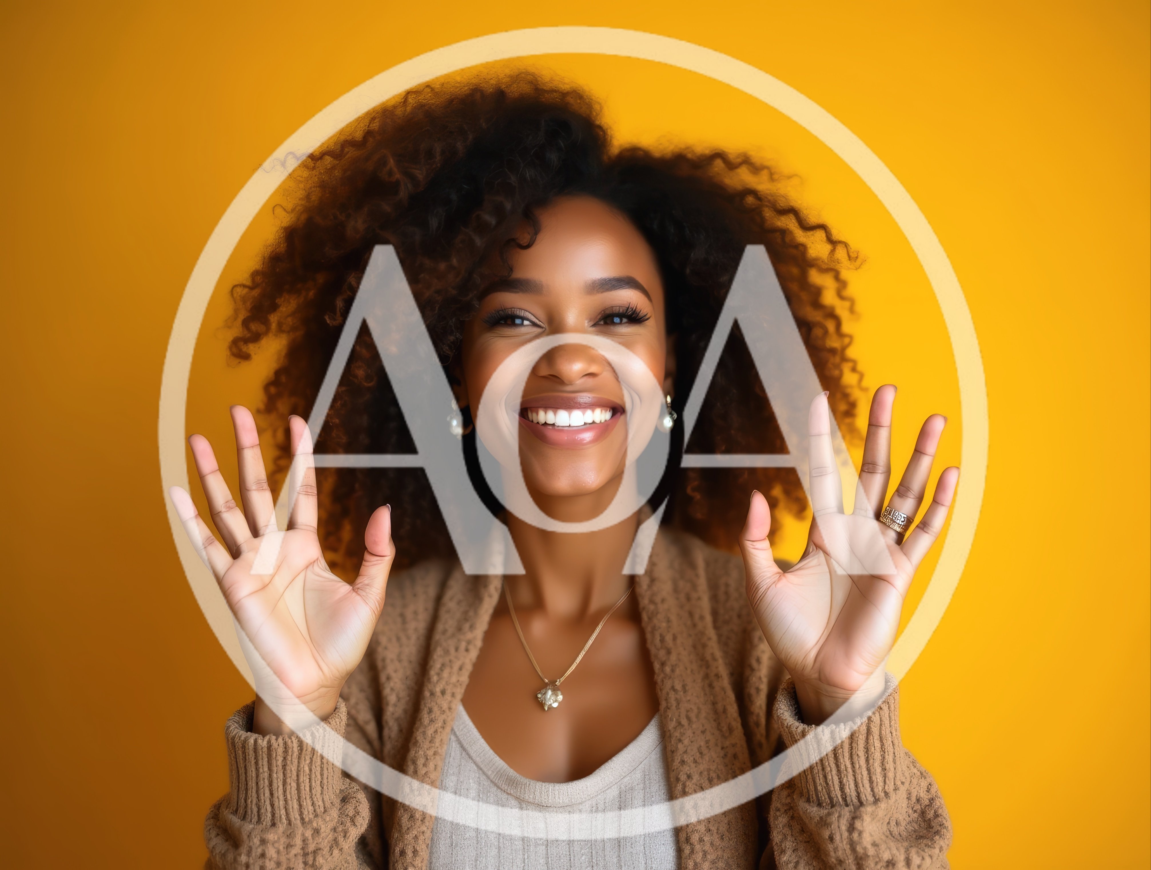 Smiling Woman With Curly Hair Showing Open Palms