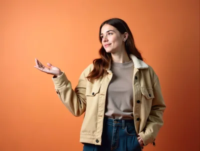 Young Woman Gesturing With Open Hand Against Orange Background