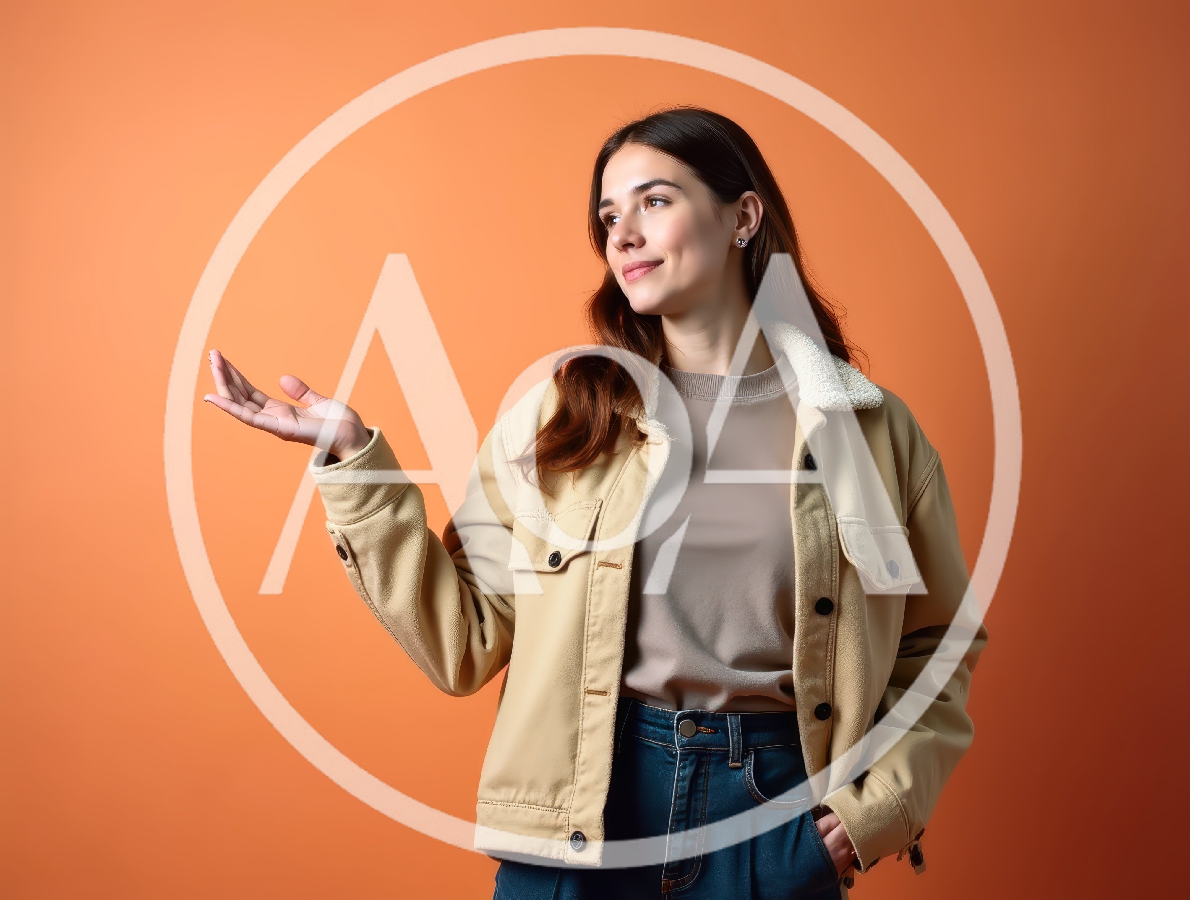 Young Woman Gesturing With Open Hand Against Orange Background