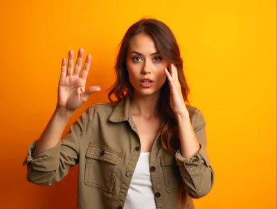 Surprised Young Woman Gesturing With Hands Against Yellow Background