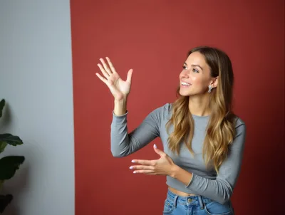 Smiling Woman Gesturing Towards Empty Space