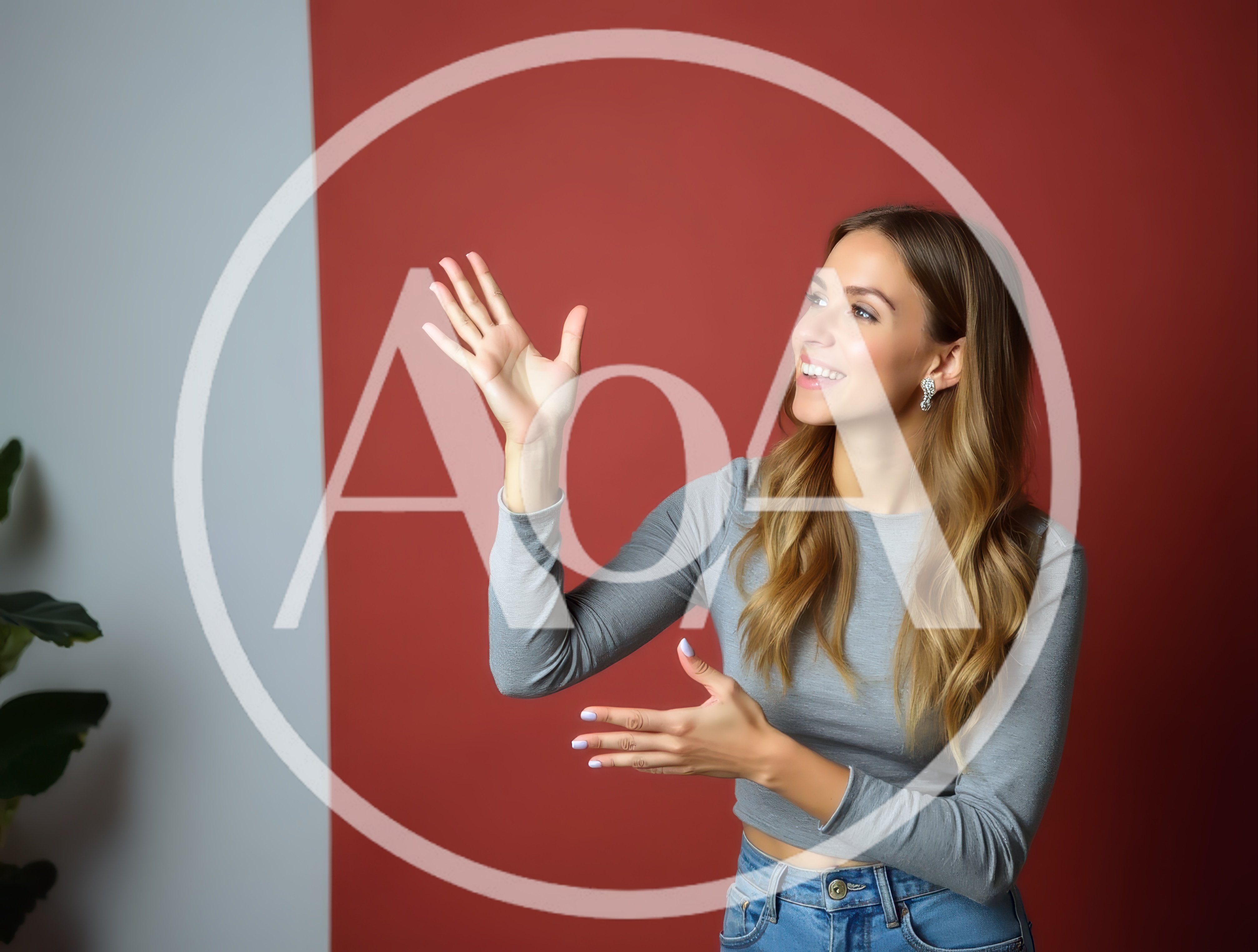 Smiling Woman Gesturing Towards Empty Space