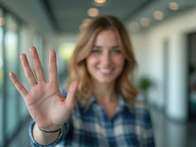 Young Woman Holding Up Hand In Greeting