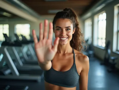 Fit Woman Waving Hand In A Modern Gym