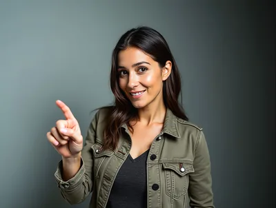 Young Woman Pointing Upwards Against Grey Background