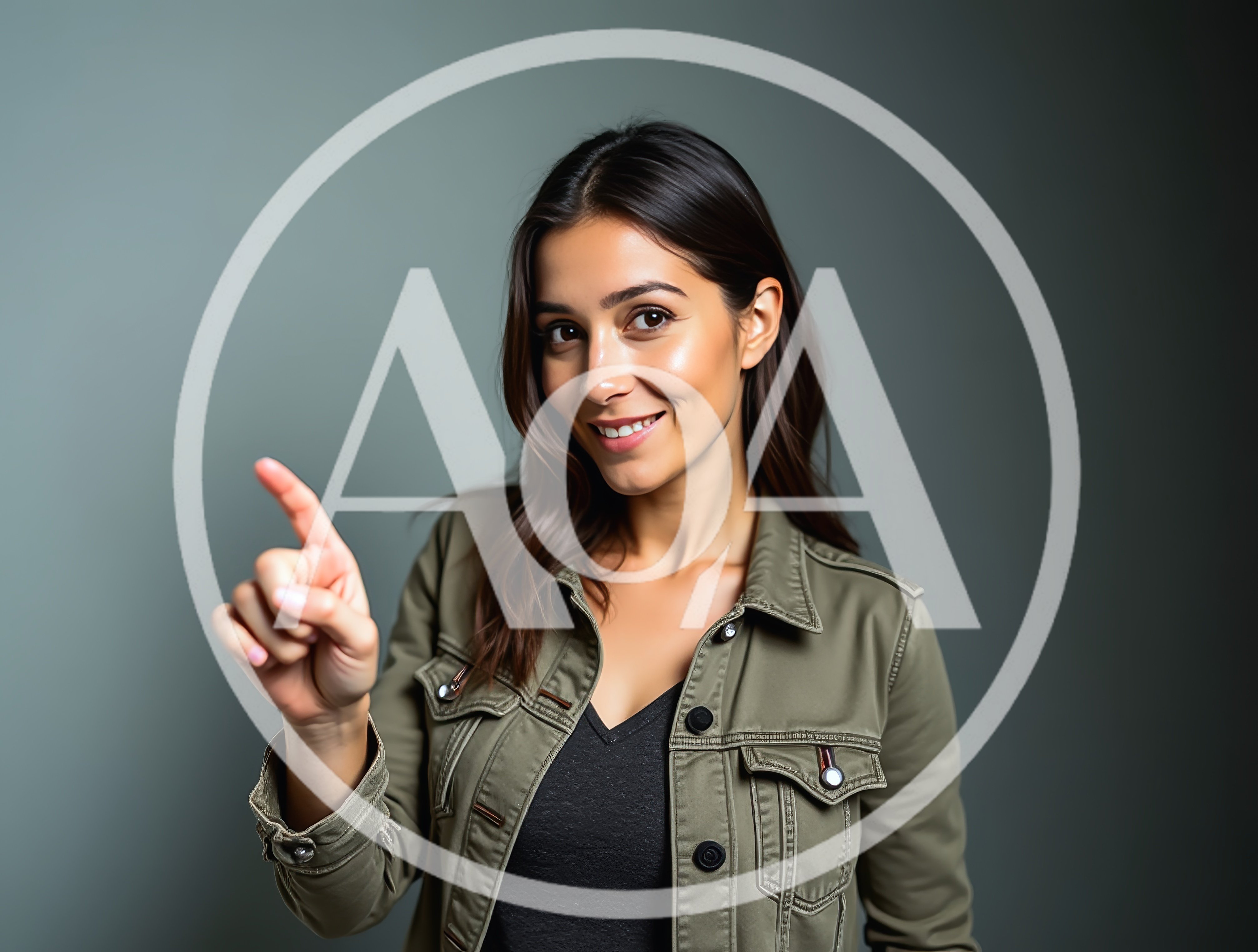 Young Woman Pointing Upwards Against Grey Background