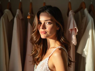 Beautiful Woman Standing In A Closet With Hanging Clothes