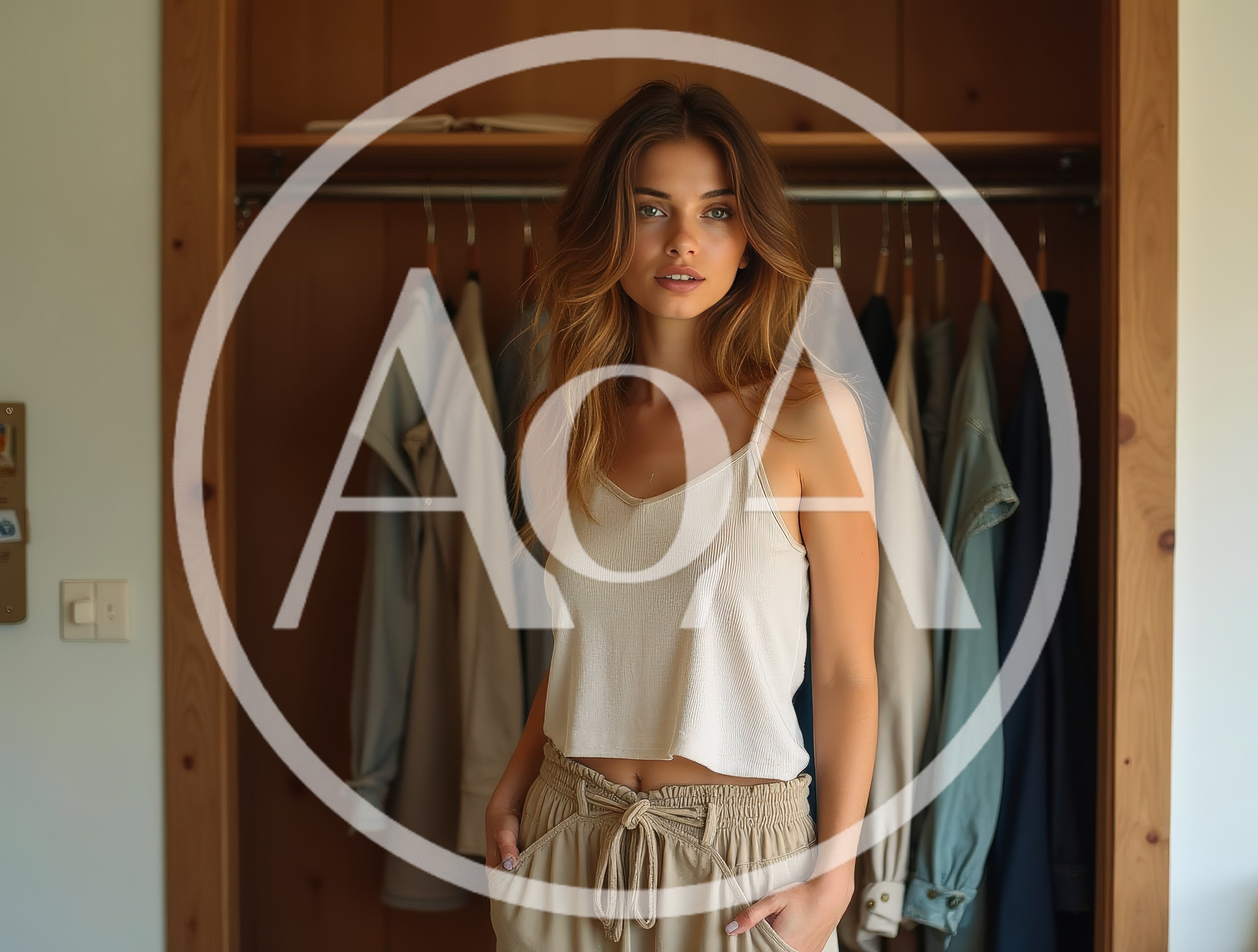 Young Woman Standing In Front Of A Wooden Closet