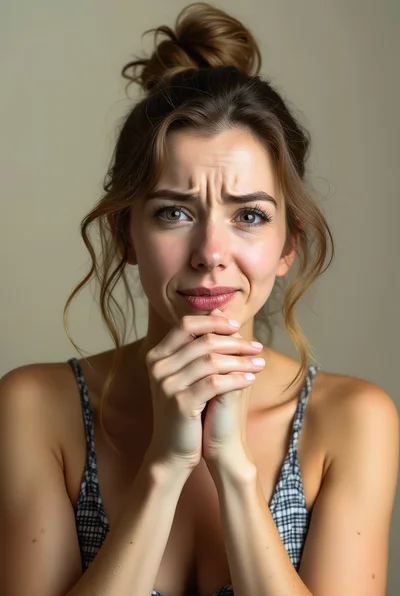 Young Woman Expressing Concern With Clasped Hands