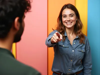 Smiling Woman Pointing At Man Against Colorful Background